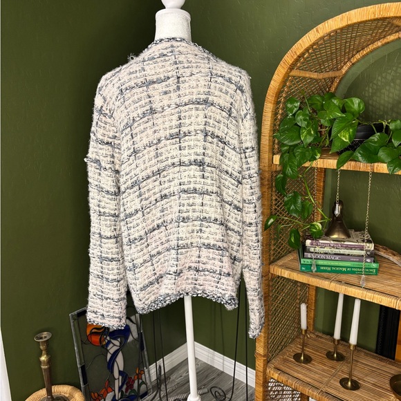 Sioni Tweed White and Blue Striped Gingham Soft Knit Blazer Cardigan - Picture 3 of 4